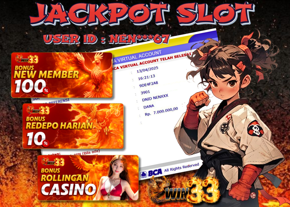 bukti kemenangan jackpot slot Rp 7 juta di situs Win33 oleh member NEN***67 